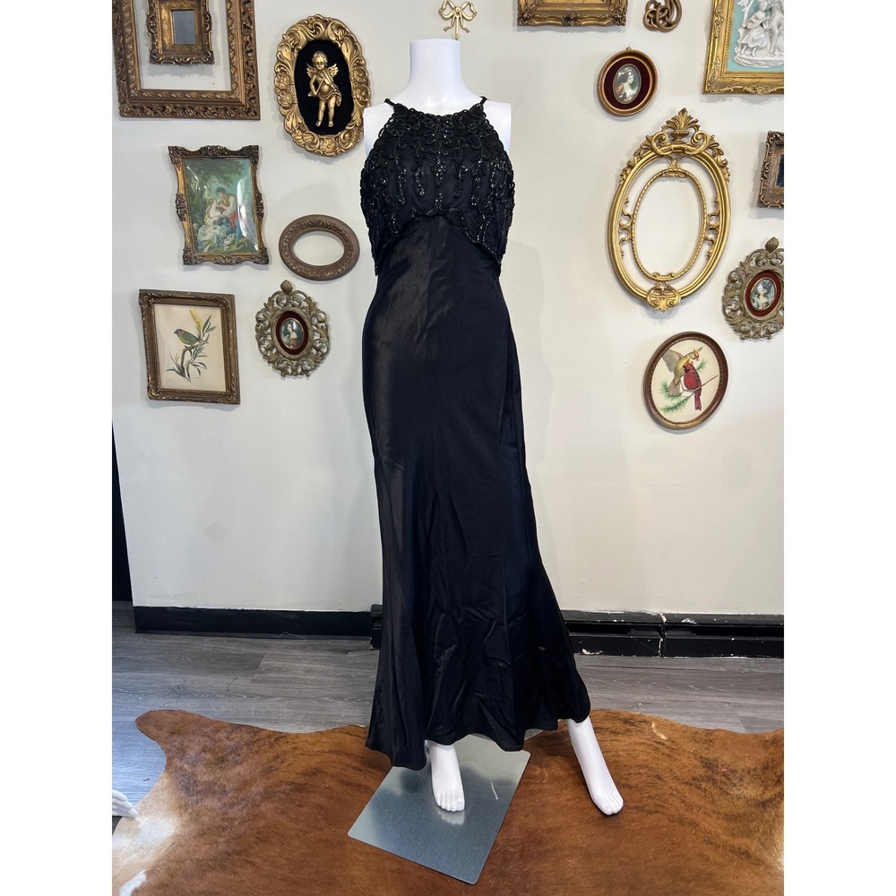 Vintage Bari Jay Beaded Low-Back Satin Maxi Gown Size 7/8